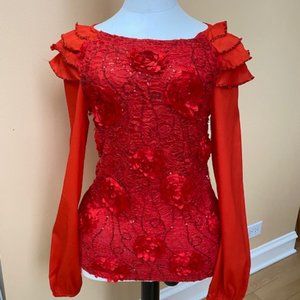 Hot Orange Alternative 3-D Flower Sequin Top